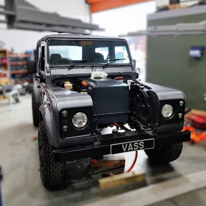 Black Land Rover Defender 90 electric conversion engineered by VASS